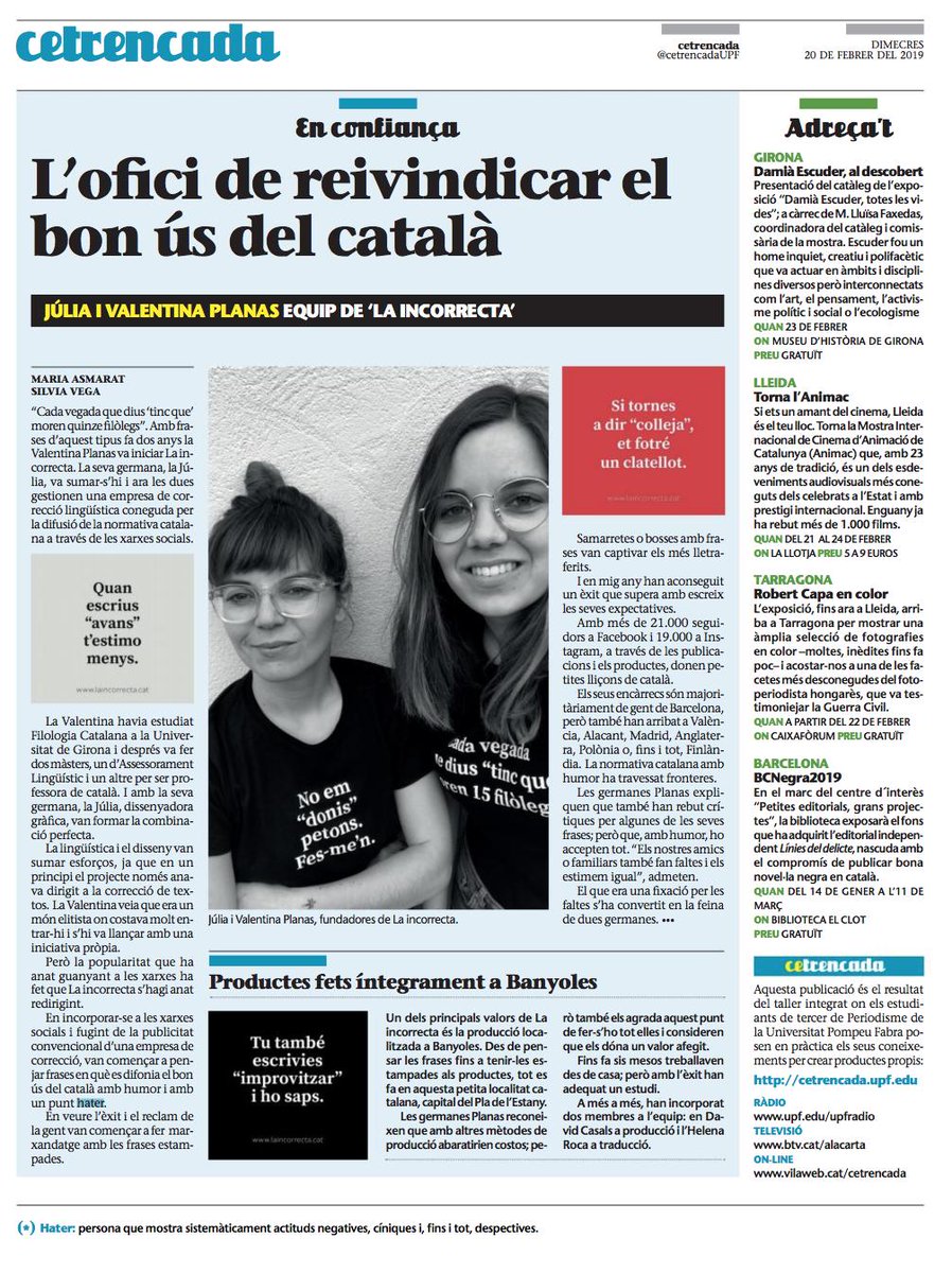 📰 <a href="/somlaincorrecta/">somlaincorrecta</a> difon amb humor la normativa de la llengua catalana a través de les xarxes socials. Amb la @SVS_PanyCirco us expliquem en què consisteix aquest projecte i qui hi ha al darrere. 

Aquí el perfil publicat a <a href="/elpuntavui/">El Punt Avui 🎗️</a> amb el suplement de <a href="/cetrencadaUPF/">Cetrencada UPF</a>