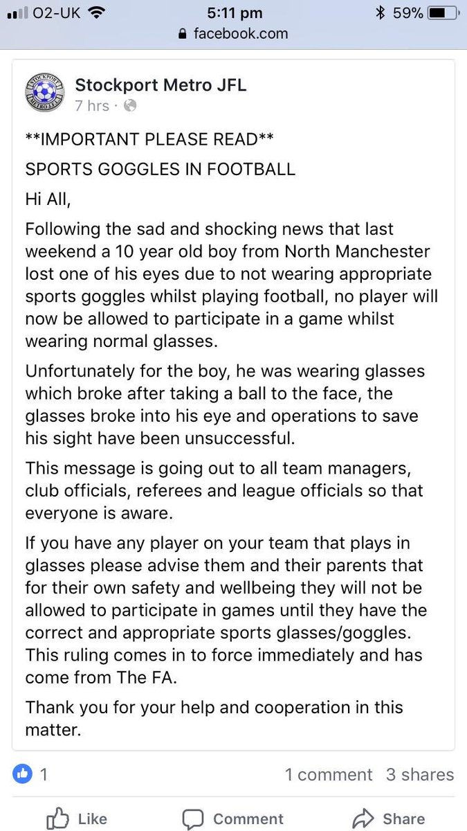 DiamondsJfc's tweet photo. Really sad to hear of this happening but a good reminder to all about using the right gear!
#neverletyourchildwearglassesforsport https://t.co/tvJwBf9vQA
