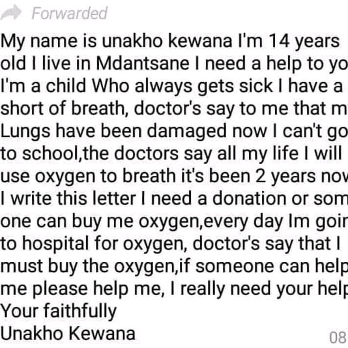 lu2oz's tweet photo. Please guys you can help buy RT this, she stays in mdantsane, she has breathing problems she needs an oxygen supply Here's a contact number Mr Baliso is a family friend and a neighbour to Unakho, Mr Baliso 0834849129 https://t.co/XFqz7Zm8Ra