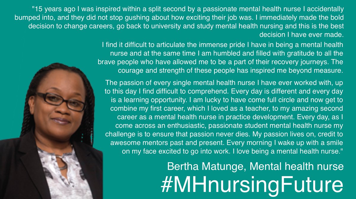 'I immediately made the bold decision to change careers, go back to university and study mental health nursing and this is the best decision I have ever made.' Bertha Matunge (<a href="/Bmat111/">Bertha Matunge</a>) <a href="/MHnursesday/">Mental Health Nurses' Day</a> #MHnursesDay <a href="/MHnursingFuture/">MHnursingFuture</a> #MHnursingFuture