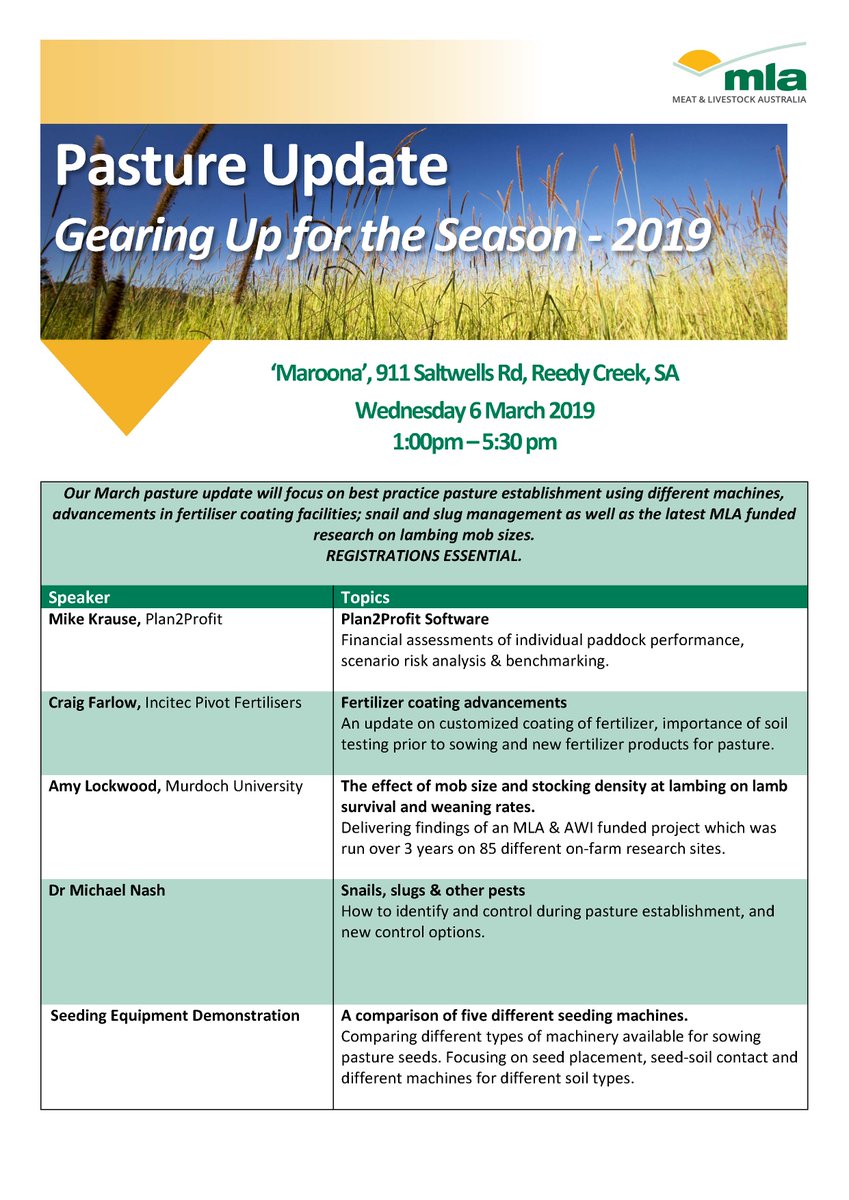 Our next Pasture Update is happening at Reedy Creek on the 6th March. Theme is 'Gearing up for the Season" We have a great line-up of informative speakers. Follow: grasslands.org.au/eventdetails/3…  for more information and to register! Registrations are essential.