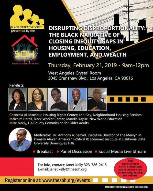 The_SOH_LA's tweet photo. The #blacknarrativeseries on Disrupting Disproportionality is a day away. The audience can expect authentic conversations on closing inequity gaps in housing, education, employment, and wealth. Be sure to RSVP if attending or change RSVP if plans have changed. Limited seating. https://t.co/oHE0Pmuxz2