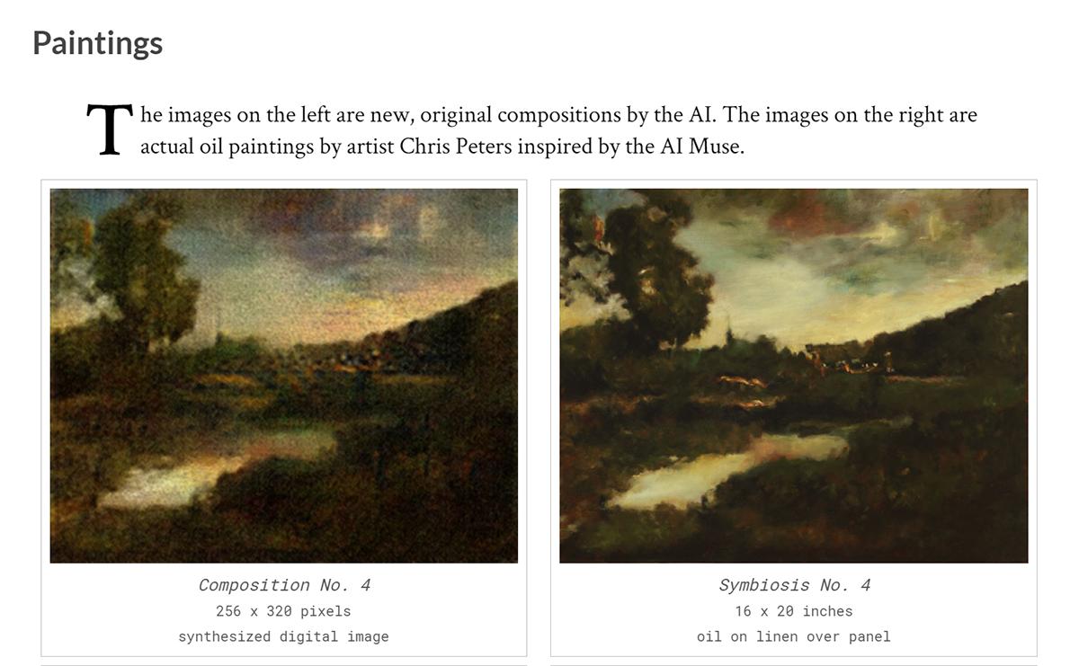 I created a machine intelligence that synthesizes new, original compositions that I then make real with paint - an AI muse! Tons more info here: ai.tensordream.ai