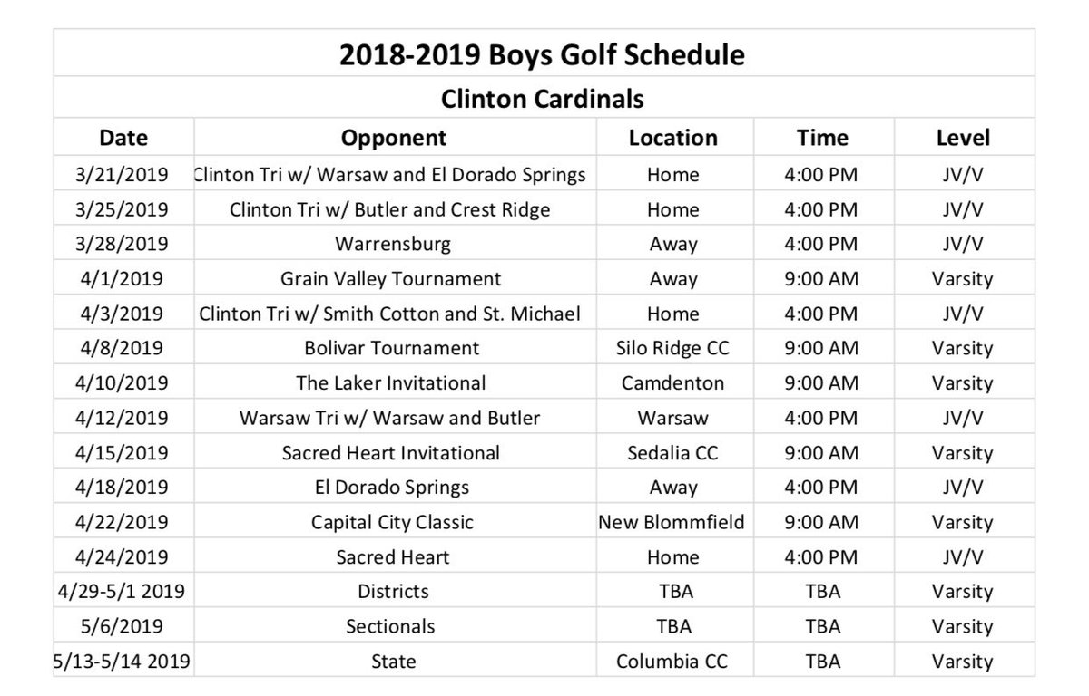 ClintonGolf's tweet photo. Clinton Golf Schedule is Out!! Golf Practice starts Monday, Feb. 25th. @CHSCards #WhenWillitBeSpring #TiredOfSnow https://t.co/aQEbHBJLrD