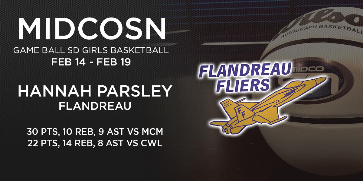 Congrats to <a href="/ParsleyHannah/">Hannah Parsley</a> of <a href="/FlandreauGBB/">Flandreau Fliers GBB</a>, our SD girls basketball MidcoSN Game Ball winner.👏

She had 3️⃣ outstanding games including a near triple-double against a ranked team‼💪

#MidcoSN | #SDPreps