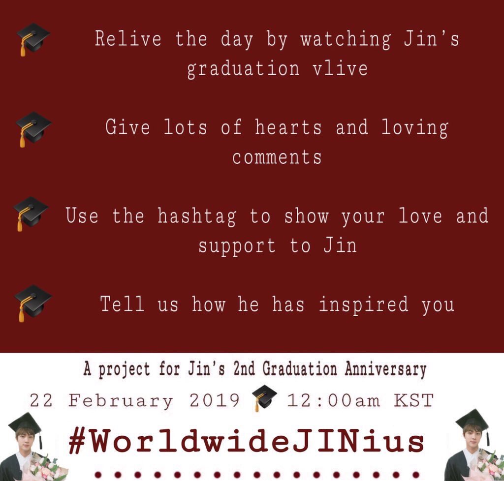 👨🏻‍🎓Celebremos junt@s el aniversario de la graduación de Jin 🥰 Usaremos el HT #\WorldwideJINius ❤️

📆Fecha: Febrero 22 / 12 AM KST (9:00 PM México)

<a href="/BTS_twt/">방탄소년단</a> #BTS
#JIN #김석진 #진 #석진

🔗vlive.tv/video/23508

Más detalles en los pósters 👇🏼