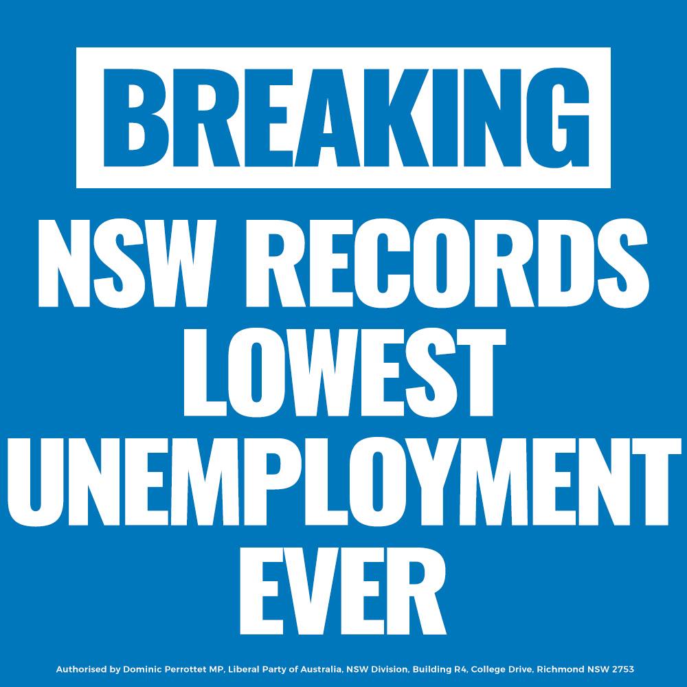 Dom_Perrottet's tweet photo. BREAKING: The unemployment rate in NSW is 3.9 percent #nswpol #nswvotes https://t.co/RILBRGXZO2