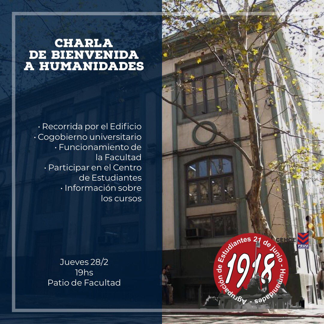 21dejunioFeuu's tweet photo. Te invitamos a la Charla de Bienvenida que organizamos para la Generación 2019 de Humanidades #fhce #fhuce #udelar #humanidades #uruguay https://t.co/aUjSnp5AZ0