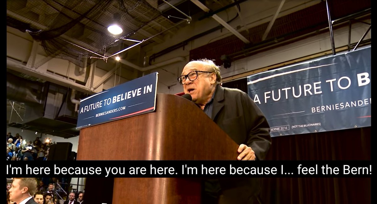 New_to_America's tweet photo. One of the first big names to come out in support of @BernieSanders' presidential run -- @DannyDeVito. Danny, your efforts are appreciated! 

We all #FeelTheBern on this blessed day. 

#Bernie2020 #BernieSanders2020 
#NotMeUs 
#HindsightIs2020 https://t.co/TaZSd7guPs