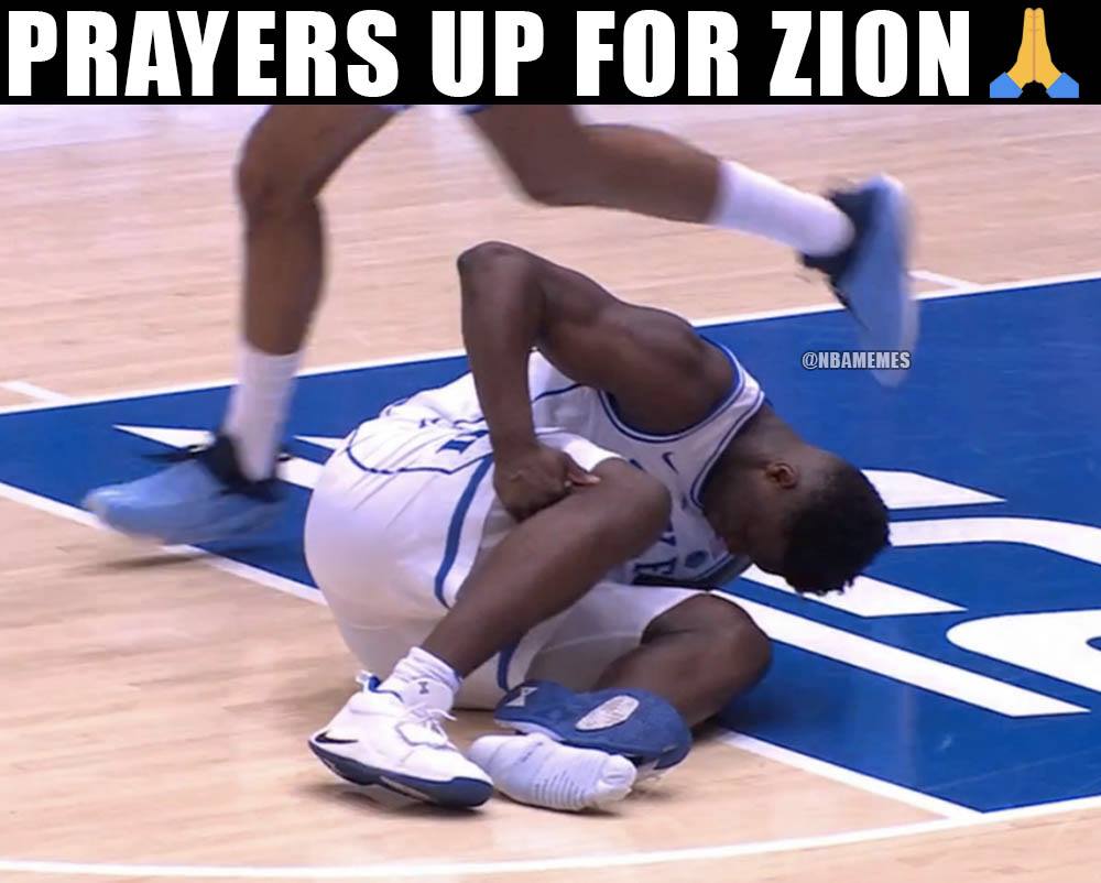 NBAMemes's tweet photo. Zion Williamson has to leave the game after his foot literally explodes out of his shoe. 🙏 #PrayForZion https://t.co/TBWiXCjTD8