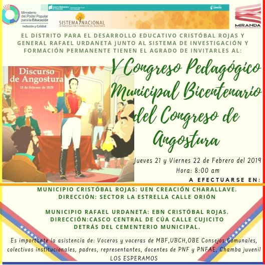 clifpcristobalr's tweet photo. El Municipio Cristóbal Rojas les espera mañana Jueves 21 y Viernes 22 en nuestro V #CongresoPedagógicoMunicipal con el tema "Bicentenario del Discurso de Angostura"comprometidos por una educación inclusiva y de calidad. @cenamec_centros @RaomanyP @MelysGarcia  @MPPEDUCACION https://t.co/gm5dl0YJ5G