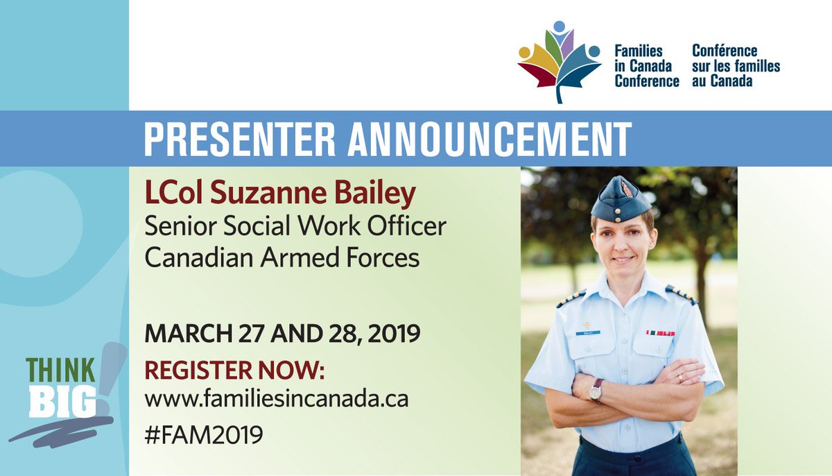 VanierInstitute's tweet photo. 📢 LCol Suzanne Bailey, Senior Social Work Officer of the Canadian Armed Forces, will be presenting at the Families in Canada Conference 2019!
Register for #FAM2019 here: https://t.co/GWOzupSzou #MVCircle https://t.co/hNK1xd6pI5