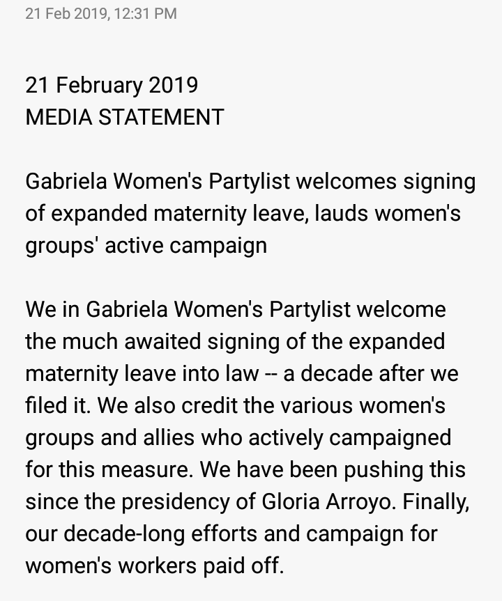 GabrielaWomenPL's tweet photo. STATEMENT: Gabriela Women's Partylist welcomes signing of expanded maternity leave, lauds women's groups' active campaign. 

Congratulations sa ating lahat!! https://t.co/0eFqrN9jUo