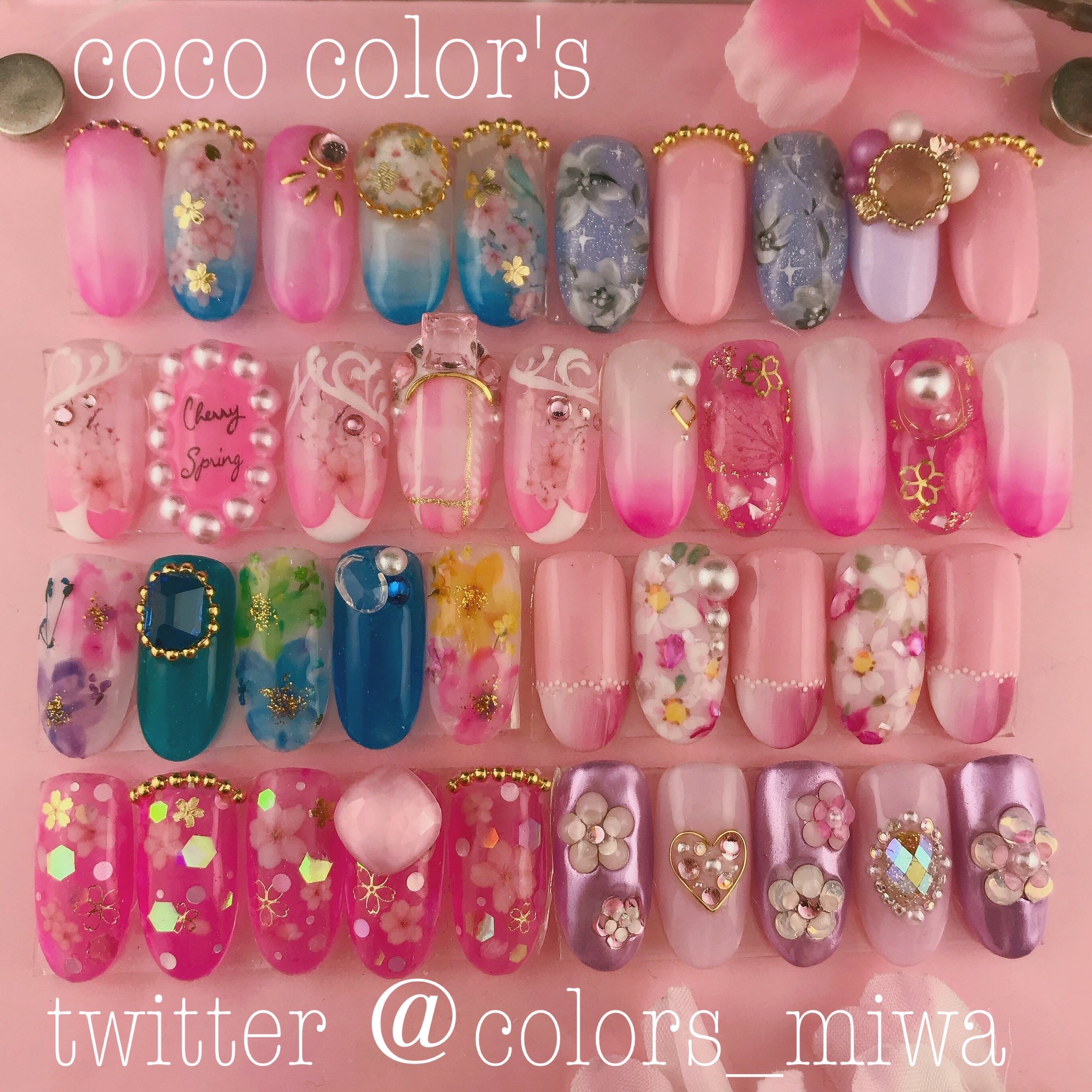 Color Sタカハシミワ Twitterren 春ネイルサンプルチップ 続々追加中 だんだん増えてきました 新色のピンクパープル ミラーネイルも導入したのでデザインの幅が広がりますよ 痛ネイルと組み合わせても可愛いです 春ネイル サンプルチップ スプリング