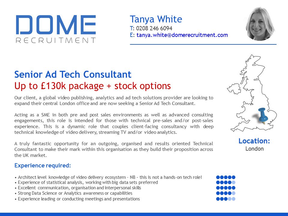 DomeRecruitment's tweet photo. #newjob #solutionsconsultant #techconsultant #videodelivery #videostreaming #videoanalytics #presales #postsales #careeropportunity https://t.co/yThXDPT3GH
