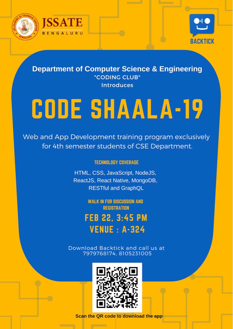 jssateb's tweet photo. For Department of computer Science &amp; Engg. Students to encourage students and to build the culture of coding we are launching this event under CSE Coding club with the collaboration of Backtick.
@jssateb #jssateb #backtick #coding #technology #jssmvp #jssateb #backTick #CodeRedLi https://t.co/fc4eaweiXo