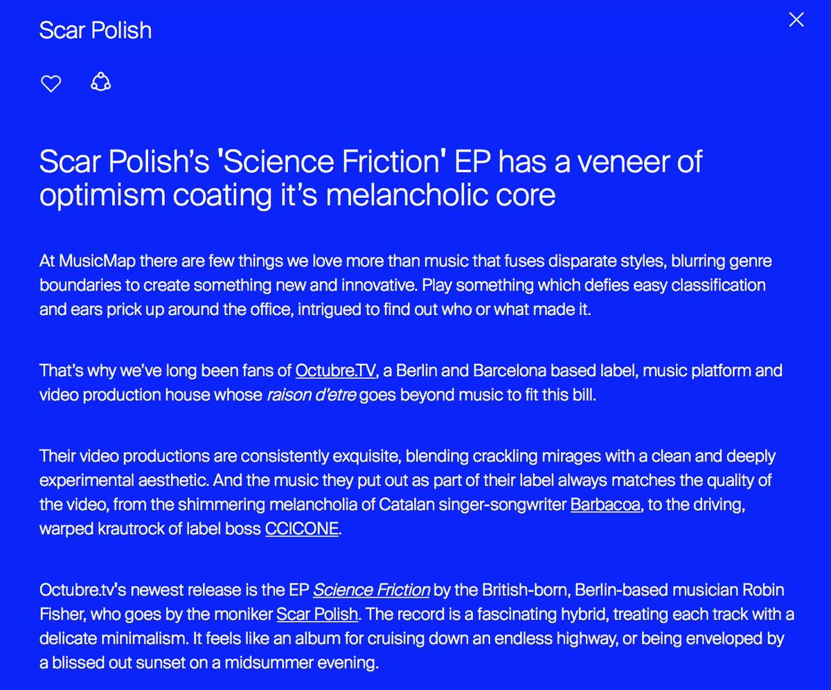 Great review from <a href="/MusicMapGlobal/">MusicMap</a> of #ScarPolish 's "Science Friction" EP, and also kind words also for octubre.tv ❤️ Cassettes still available in shop! ow.ly/7X4o50lQdpL