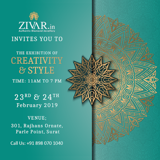 ZivarJewellery's tweet photo. A Cordial Invitation!
Zivar would like to Invite you to THE EXHIBITION OF CREATIVITY & STYLE!
Give a call @ +91 898 070 1040 for any queries
#diamondjewellery #exhibition #collection #creativity #style #CityShorSurat #ShoppingMall #PrimeLocation #RajhansOrnate #ParlePoint #surat https://t.co/hg9eYVXDbZ