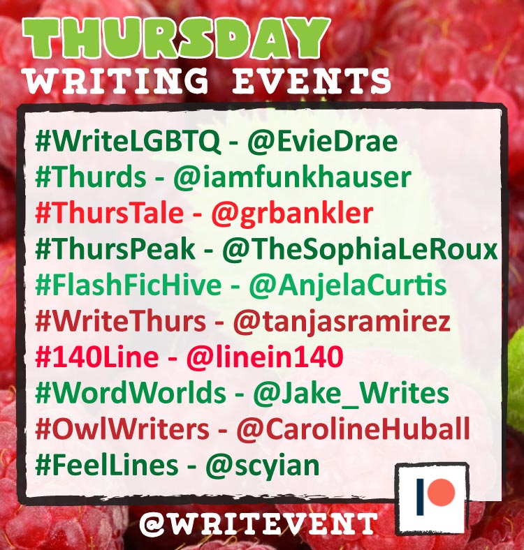 writevent's tweet photo. #Thurds GROW
#WriteLGBTQ COLOR
#140line FIREWORKS
#abthurd [humor] COVER
#FlashThursday CANDLE
#Thurspeak IMMOLATE
#Thurstale PLAIN/ELEGANT
#Owlwriters STORY AESTHETICS
#FeelLines [show don't tell] SOMBERNESS

Pics:
#WordWorlds [img]
#FlashFicHive [img]
#GIFYourWIP [img] https://t.co/8XaVM7Z8FT