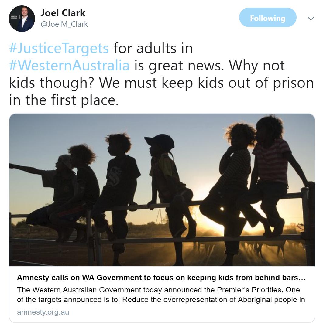 Change_Record's tweet photo. Change the Record member @amnestyOz welcomes the move but is calling for a youth specific #justicetarget - kids do not belong behind bars!
See release: https://t.co/1eoVblv3SA @JoelM_Clark https://t.co/rZUMovCZUG