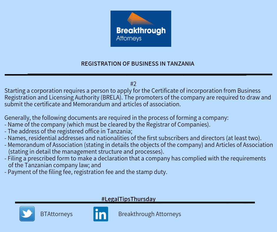 BTAttorneys's tweet image. The Corporate and Commercial Department as Breakthrough Attorneys provides a snapshot on registration of businesses in Tanzania.
#LegalTipsThursday