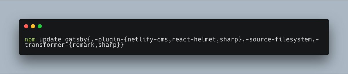 🍬 #tastytreat 🔥 - use bash brace expansion when updating multiple related packages! <a href="/gatsbyjs/">Gatsby</a> and friends was a 'simple' one liner...

#hastytreat <a href="/syntaxfm/">Syntax</a> #syntaxgoals #goodtobeinyourearsagain linuxjournal.com/content/bash-b…