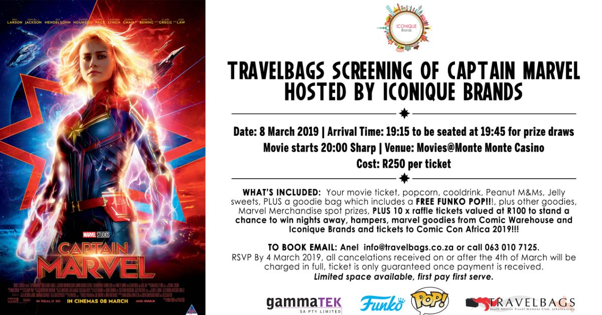 Travelbagssa's tweet photo. You are invited by Travelbags &amp; Iconique Brands to the Screening of the long awaited Captain Marvel. - https://t.co/QE51XUsMUH https://t.co/O2KuFhRARr