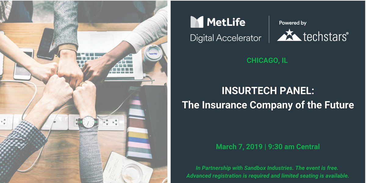 .@ChicagoStartups: Join @techstars & @SandboxInd for an #insurtech panel on The Future of Insurance on Mar 7 & request office hours w/ @techstars @MetLife @BuildersVC @AllState & more today -> bit.ly/InsurtechPanel… #MetLifeTechstars #Techstars