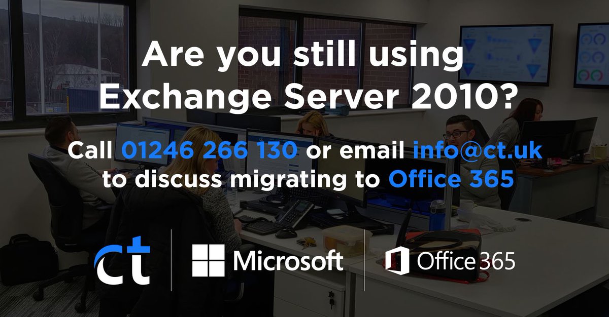 CentralTechLtd's tweet image. Today we’re talking to our customers about Office 365, and the end of support for Exchange Server 2010
Contact your CT Account Manager today if you think you may be affected - 01246 266 130 
#office365 #ExchangeServer2010