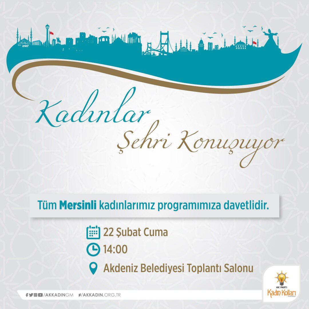 Kadınlar Şehri Konuşuyor
Tüm Mersinli kadınlarımız programımıza davetlidir.  

🗓22 Şubat Cuma
⏰ 14:00
📍Akdeniz Belediyesi Toplantı Salonu