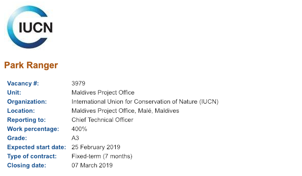 IUCN_Maldives's tweet photo. Call for applications: Park Ranger for South Ari Marine Protected Area.
Application deadline: 7 March 2019
To find out more about the position and to apply:
https://t.co/XTUlmoccuS https://t.co/Pg4miTtarR