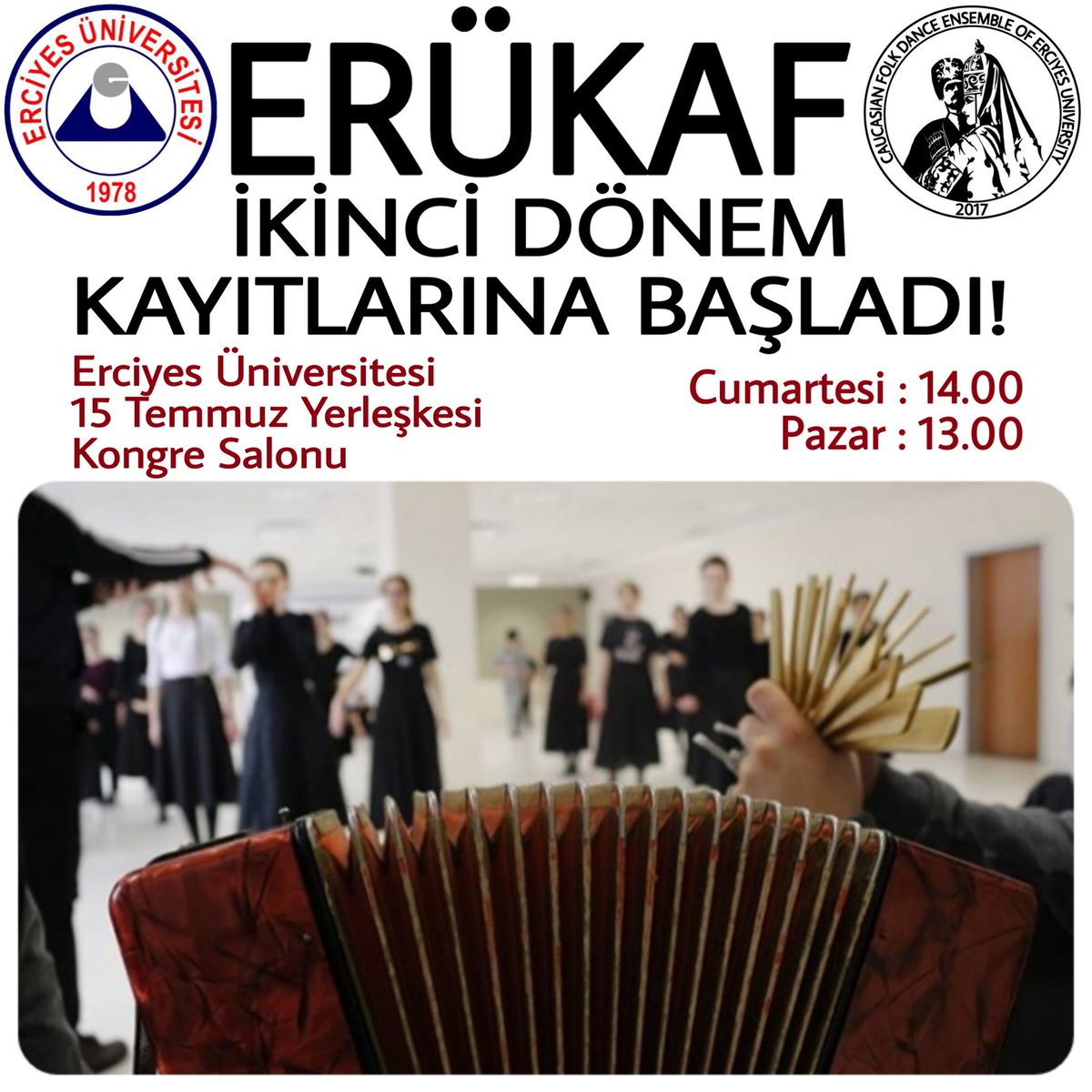 Bahar donemi kayıtları başladı sen de aramıza katılmak istiyorsan cumartesi pazar provalara bekliyoruz.
Yeni katılımlar için, Erukaf B grubu olusturulacak ve çalışmalarımız temelden başlayacaktır.
Bilgi almak ve kayıt olmak icin DM