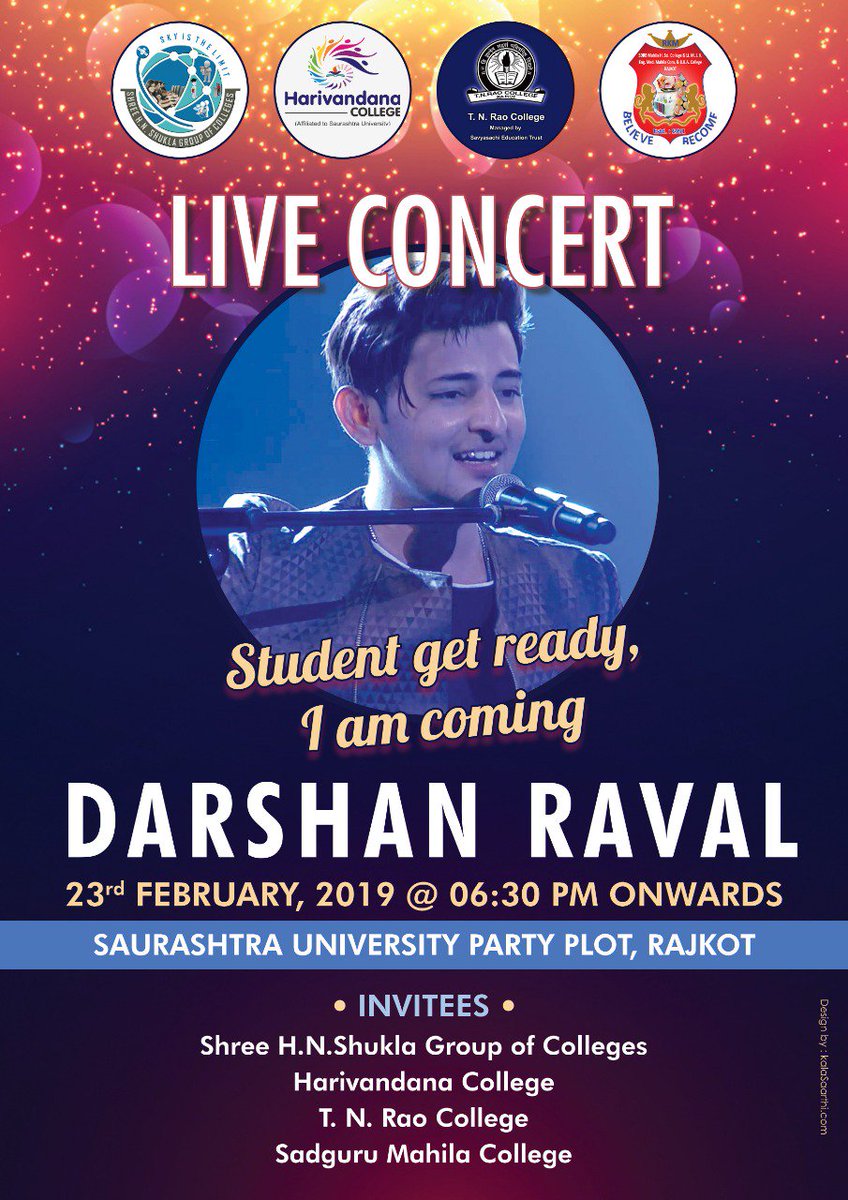 VadharS's tweet photo. Student get ready,
Live concert with Darshan Raval
23rd February 2019 @6:30 onwards 
Place:- Saurashtra university party plot https://t.co/jKmUNOAmtB
