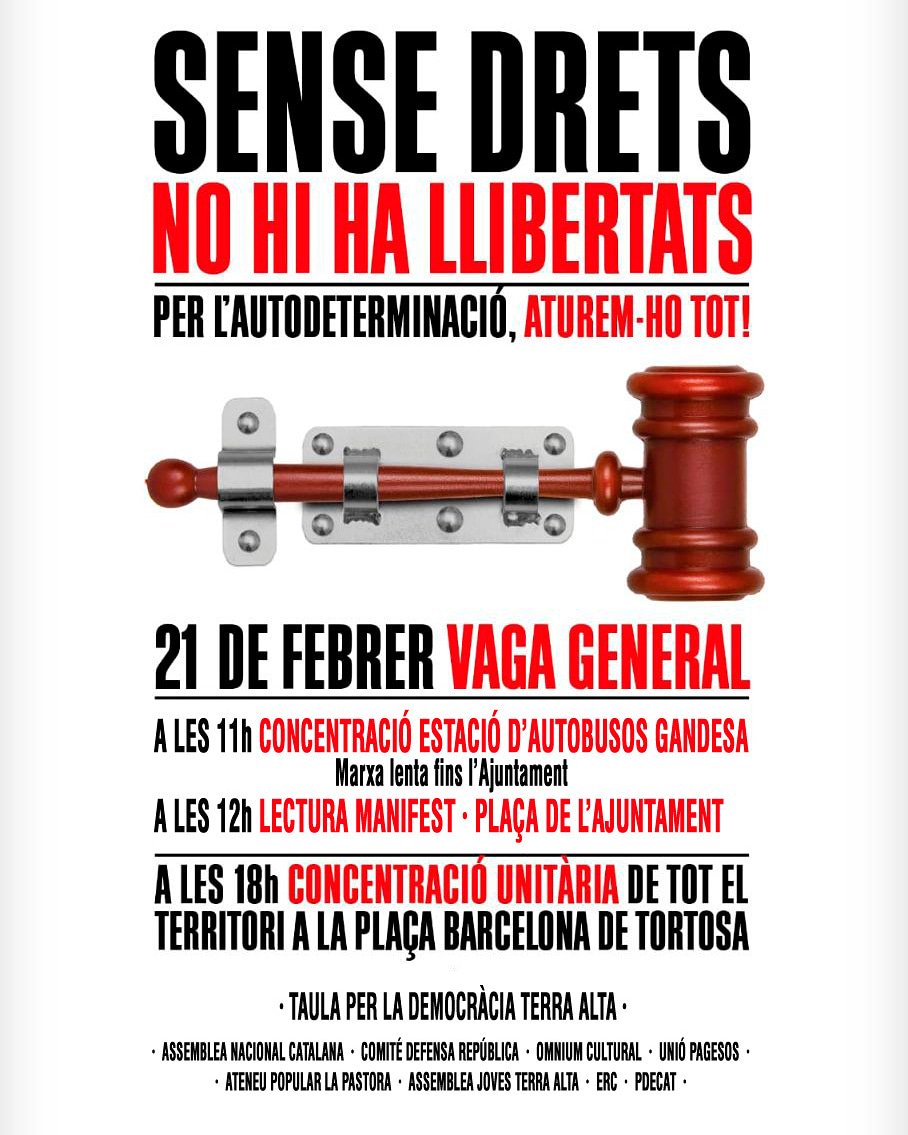ANC Gandesa (@ancgandesa) on Twitter photo Avui estarem als carrers per #21FVagaGeneral però amb un pensament a #Madrid avui declaren @jordialapreso detingut com a president <a href="/assemblea/">Assemblea Nacional Catalana</a> i <a href="/ForcadellCarme/">Carme Forcadell Lluís</a> a qui li retreuen haver estat la presidenta de l'entitat #JudiciFarsa #Gandesa #TerraAlta Avui estarem als carrers per #21FVagaGeneral però amb un pensament a #Madrid avui declaren @jordialapreso detingut com a president <a href="/assemblea/">Assemblea Nacional Catalana</a> i <a href="/ForcadellCarme/">Carme Forcadell Lluís</a> a qui li retreuen haver estat la presidenta de l'entitat #JudiciFarsa #Gandesa #TerraAlta
