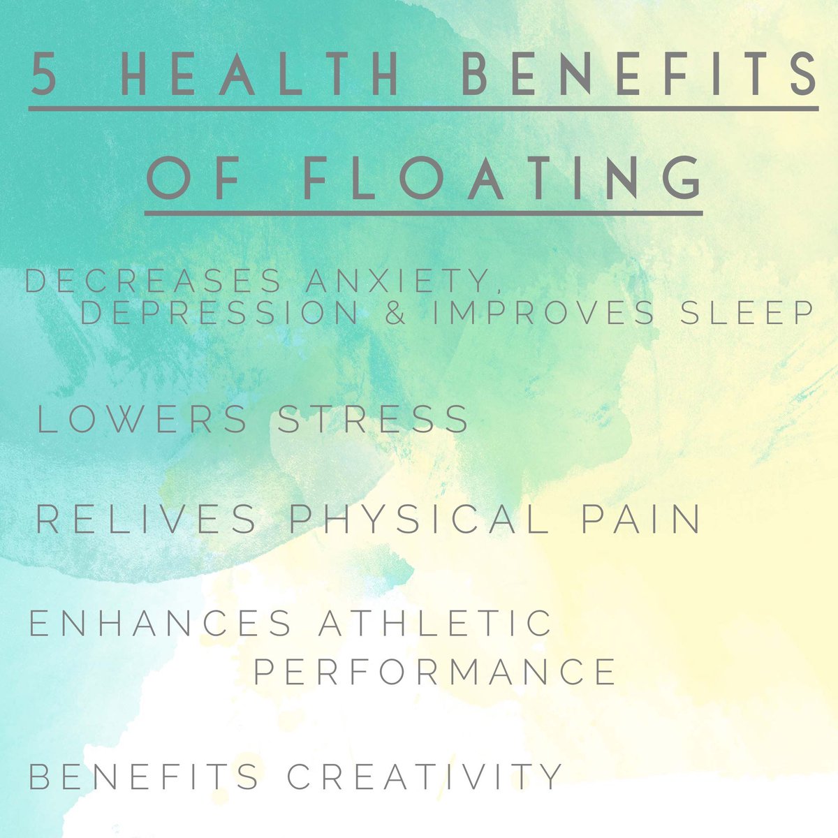 5 Health Benefits of Floating.
*Decreases anxiety, depression &amp; improves sleep
*Lowers stress
*Relives physical pain
*Enhances athletic performance
*Benefits creativity 
#musclerecovery #painrelief #floatationtank #floating #float #floattank #relaxation #creativity
