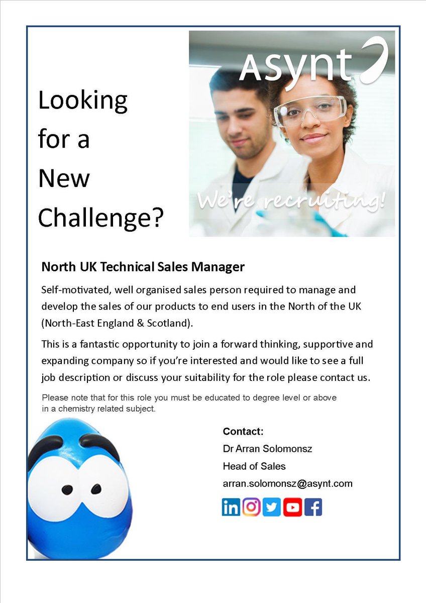 @StAChemistry @UofGChem @EdinburghChem @StrathChem @HeriotWattUni @DundeeLifeSci @aberdeenuni We are hiring! Looking for a UK Technical Sales Manager for Scotland. asynt.com/about-us/vacan… #TechnicalSales #WeAreHiring #Scotland Please like and share with your colleagues 😄