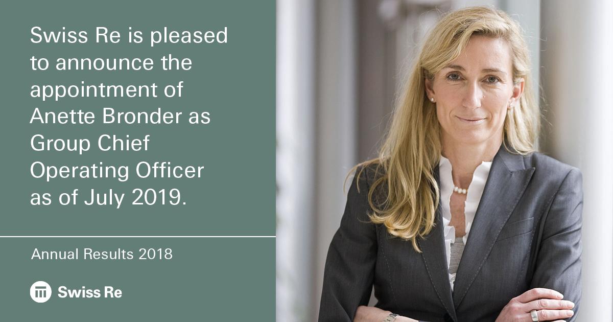 Swiss Re (@swissre) on Twitter photo We're excited to share the news that <a href="/AnetteBronder/">Anette Bronder</a> will succeed Thomas Wellauer to become Swiss Re Group COO on 1 July 2019. More information can be found in today's 2018 annual results news release: swissre.com/media/news-rel… We're excited to share the news that <a href="/AnetteBronder/">Anette Bronder</a> will succeed Thomas Wellauer to become Swiss Re Group COO on 1 July 2019. More information can be found in today's 2018 annual results news release: swissre.com/media/news-rel…