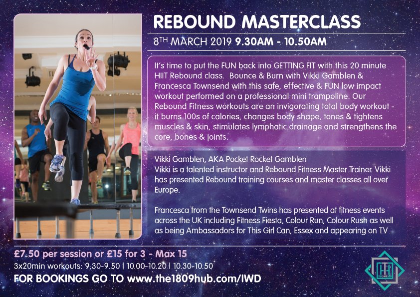 <a href="/the1809hub/">The 1809 Hub</a> It’s time to put the FUN back into GETTING FIT with this 20 minute HIIT @rebounduk class. Join Rebound Master Trainer <a href="/VikkiGamblen/">Vikki Gamblen</a> and Francesca from the <a href="/TownsendTwins/">Townsend Twins</a> for an invigorating total body workout. To book the1809hub.com/iwd