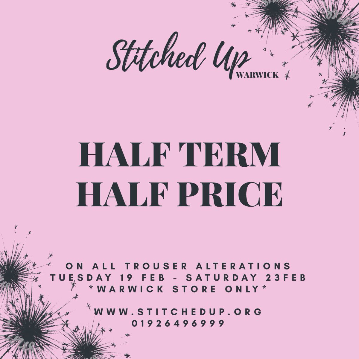 StitchedUpWarks's tweet photo. HALF TERM HALF PRICE 

⬇️⬇️⬇️

 *WARWICK STORE ONLY* 

💥Half price trouser alterations from Tuesday 19th Feb - Saturday 23rd Feb💥

#BuyIn2Warwick https://t.co/WC4cwzaPJu