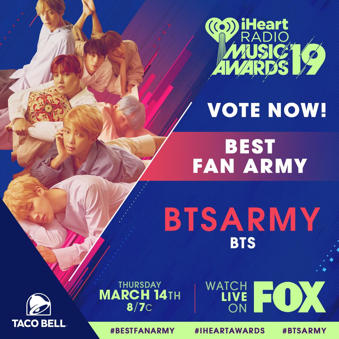 THANK YOU guys for all the support this year. So proud to say our #BTSArmy has been nominated for the @TacoBell #BestFanArmy Award at the 2019 #iHeartAwards! RT to vote!