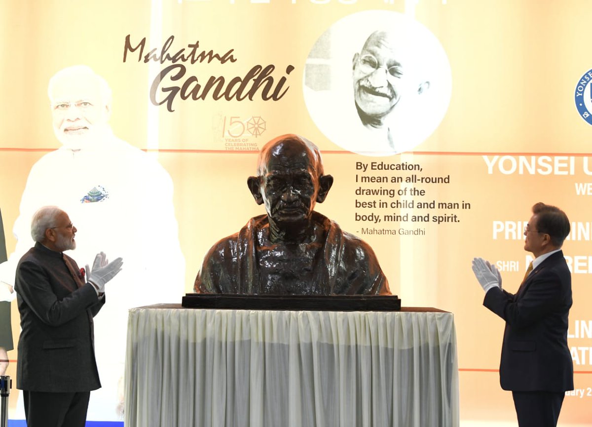 SrshC's tweet photo. "This occasion assumes greater significance since we are celebrating the 150th anniversary of #MahatmaGandhi and for the world, he is the foremost messiah," he added. 
#ModiInSouthKorea #ModiInSeoul https://t.co/7Q6KBmtjF1