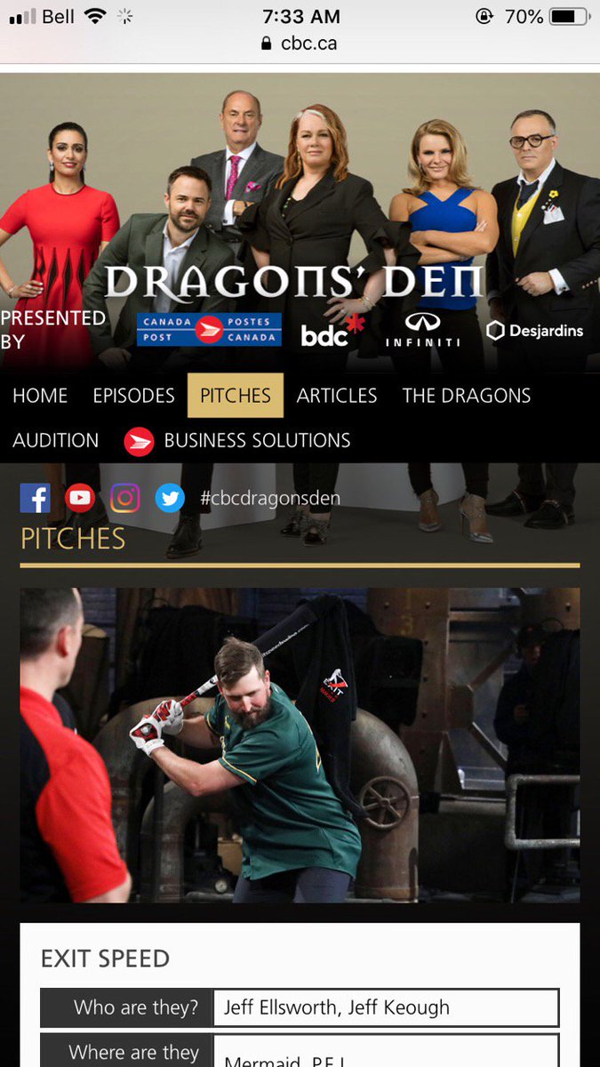 Check out @jeffellsworth19 and <a href="/Shailesy_27/">Nick shailes</a> tonight on #cbcdragonsden as they pitching <a href="/exitspeedswing/">Exit Speed</a> with a little help from <a href="/lumberjacksport/">Lumberjack Sports</a> Good luck boys!!