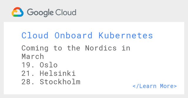 MonicaMichaelaG's tweet photo. Oslo, Helsinki and Stockholm - #CloudOnBoard Kubernetes Engine is coming to you! Gain understanding of containers and get an overview of Kubernetes technology. Register today -> https://t.co/k61NanH6AG  #k8s https://t.co/8u2pg7j4DI