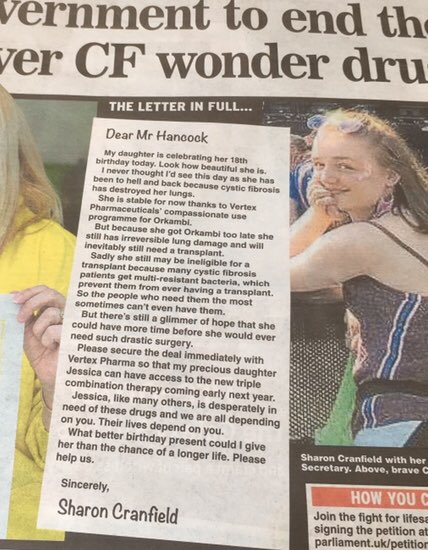 CFno1LeftBehind's tweet photo. @Daily_Express @ChrisMRiches @g_maynard @ExpressGilo @thecarolemalone thanks for helping me give my daughter the best 18th birthday present, the gift of a longer life Plesse, @MattHancock Are you going to deny her that #DailyExpressCRUSADE4CF #invisibleILLNESS #genediscrimination https://t.co/c6WfFNoCtd