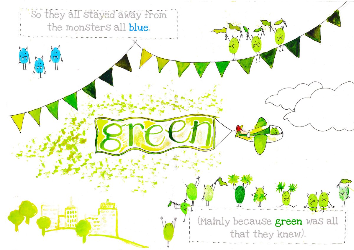 corrinacampbell's tweet photo. #PBpitch 

Monsters are green. They live in green houses. They eat green food and even the words they speak are green. Until one day a new monster arrives.

He’s blue. 

Fitting into a green world can be tricky when your blue, but Little Green Monster knows just what to do.. https://t.co/lt2jv9IZYr