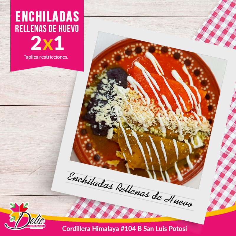 DelicRestaurant's tweet photo. #Buenosdías ¿Ya comiste tus enchiladas de la semana? 
Recuerda que hoy es JUEVES DE  2x1 en tu orden de enchiladas rellenas de huevo, ¡Invita a quien tu quieras!😁

Te esperamos de 9:00am a 5:00pm #FelizJueves  #SanLuisPotosi https://t.co/oX4RzrDr3W