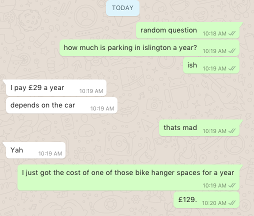 Laura_Scott's tweet photo. This is mad... If its £29 to park a low emission car in @IslingtonBC for a year why is it £100 more to park a bike! https://t.co/u8jLmj0XD1