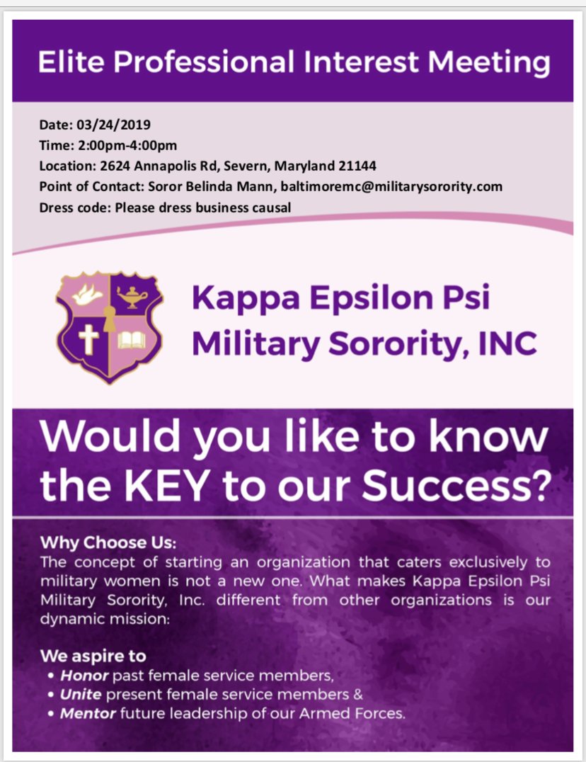 KEY_BAE_Chapter's tweet photo. KEY Military Sorority Intrest Meeting 24 March 2019 
We can’t wait to see you there. https://t.co/GNQmpvuUZi
