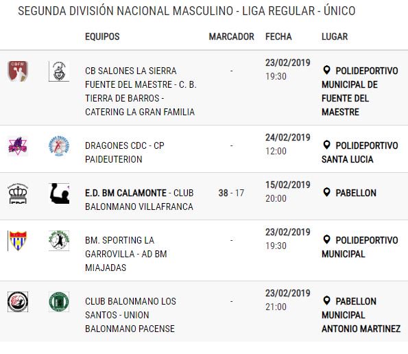Jornada 16 en 2ª división masculina #Balonmano 
Agenda de partidos 🗓️
Sábado 19:30 <a href="/CBmLaFuente/">Balonmano La Fuente</a> - <a href="/cbmtdb/">Tierra de Barros Catering La Gran Familia</a>
Sábado 19:30 @BMsporting - <a href="/ADBMMiajadas/">ADBM MIAJADAS</a>
Sábado 21:00 <a href="/BMLosSantos/">Club BM Los Santos</a> - <a href="/LA_UBP/">Unión Bm. Pacense</a>
Domingo 12:00 <a href="/CdcDragones/">DRAGONES DE LOS BARRUECOS</a> - <a href="/BMPaideu/">Bm Paideuterion Cc</a>