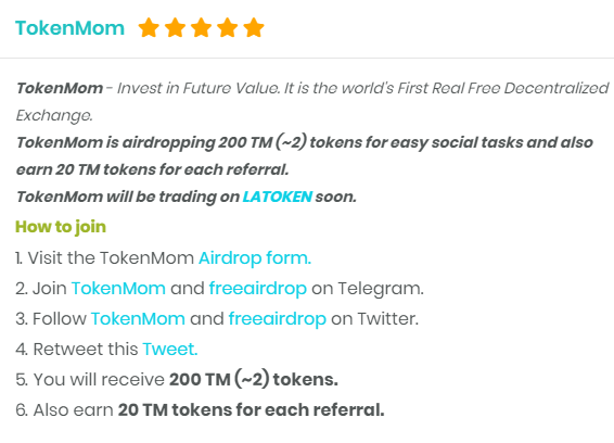 Token_Mom's tweet photo. TokenMom Exclusive Airdrop ⭐️⭐️⭐️⭐️⭐️

🔸 World's First Real Free Decentralized Exchange. 
🔸 200 TM (~2) tokens for easy social tasks.
🔸 20 TM tokens for each referral. 
🔹 TM is on Token Sales at LATOKEN

 Grab airdrop : https://t.co/svov5onbGd https://t.co/dZ215mqtLD